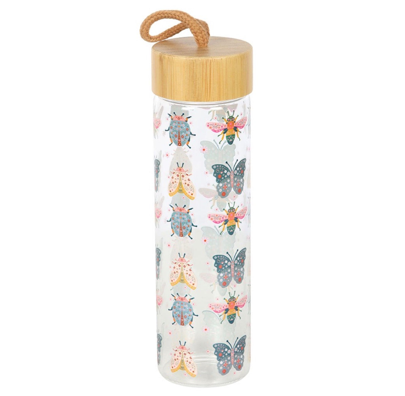 BOTELLA DE AGUA DE VIDRIO CON ESTAMPADO FLORAL DE INSECTOS
