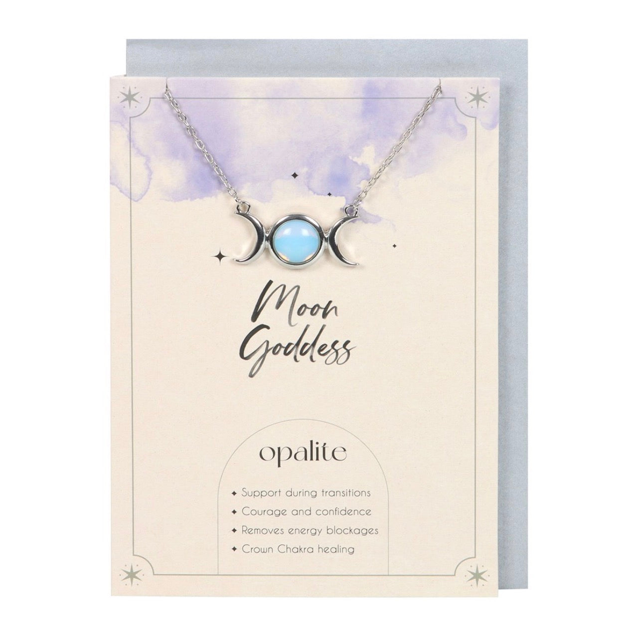 TARJETA DE FELICITACIÓN CON COLLAR DE TRIPLE LUNA DE OPALITA