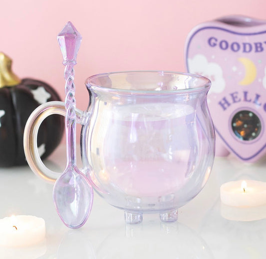 TAZA CALDERO DE VIDRIO IRIDISCENTE LILA CON CUCHARA MÁGICA