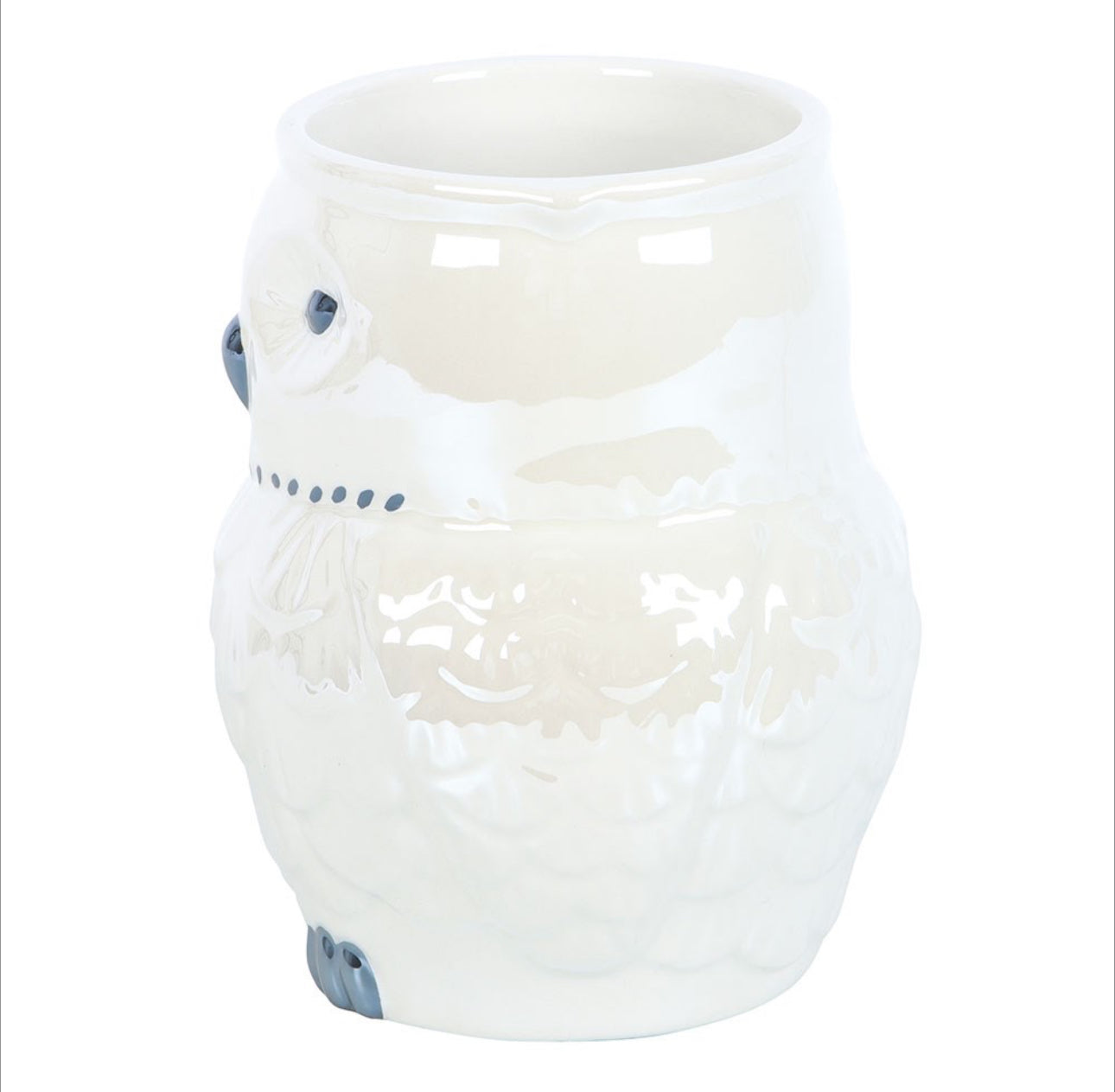 Taza iridiscente con forma de búho