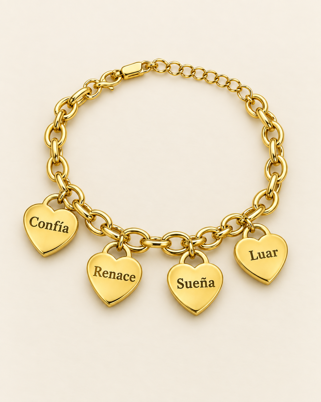 Pulsera de corazones “Confía · Renace · Sueña · Luar” dorada