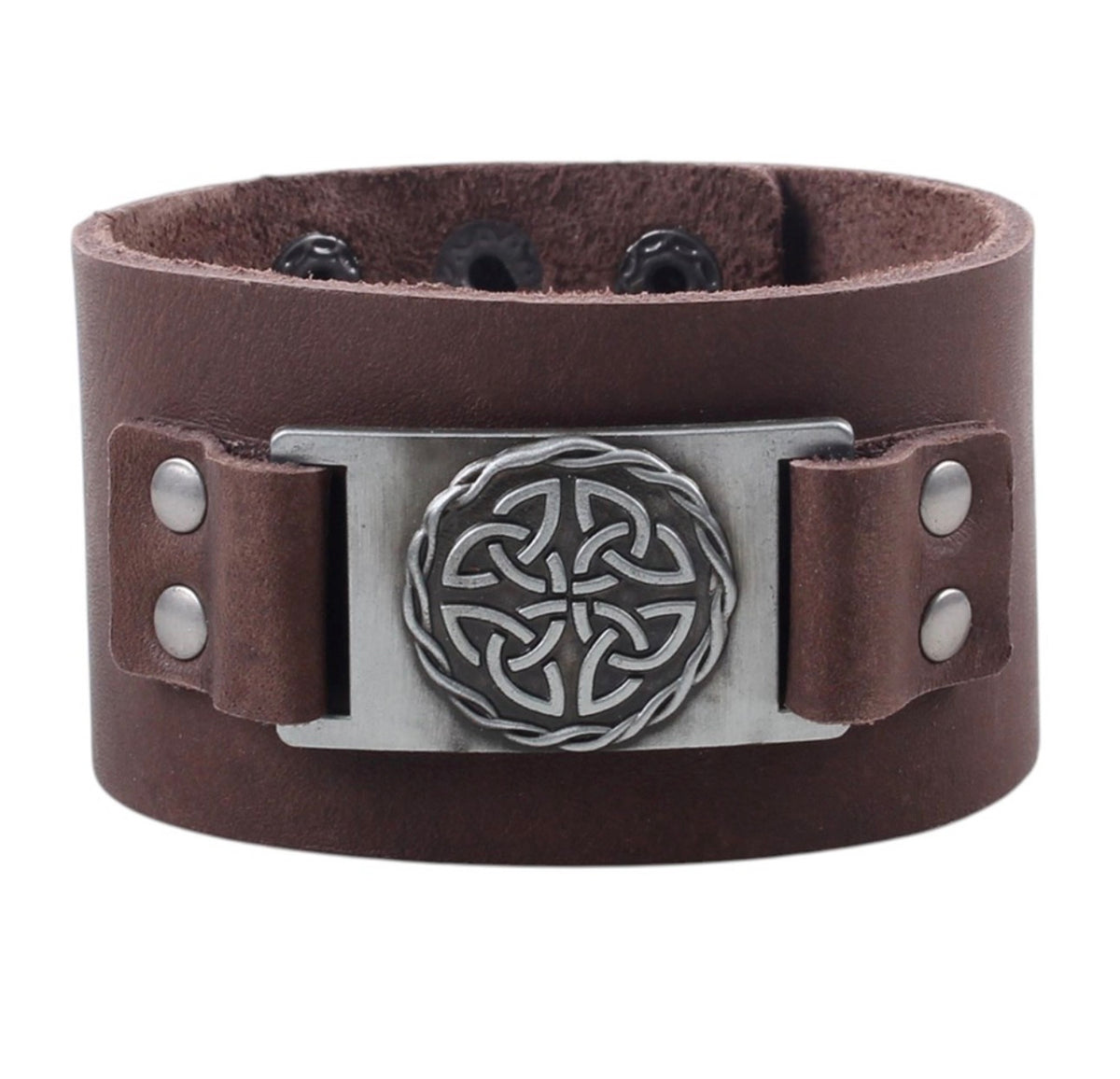 PULSERA DE CUERO MARRÓN CON NUDOS CELTAS Y ESCUDO