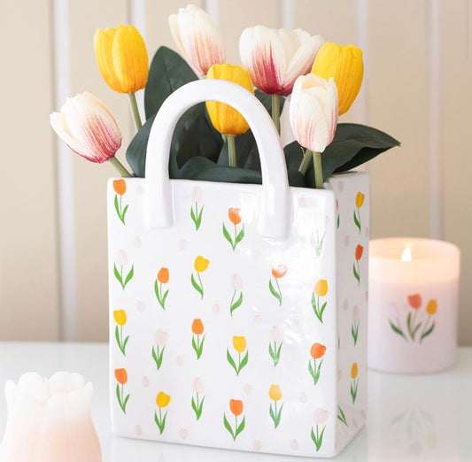 FLORERO DE CERÁMICA CON ESTAMPADO DE TULIPÁN EN FORMA DE BOLSA