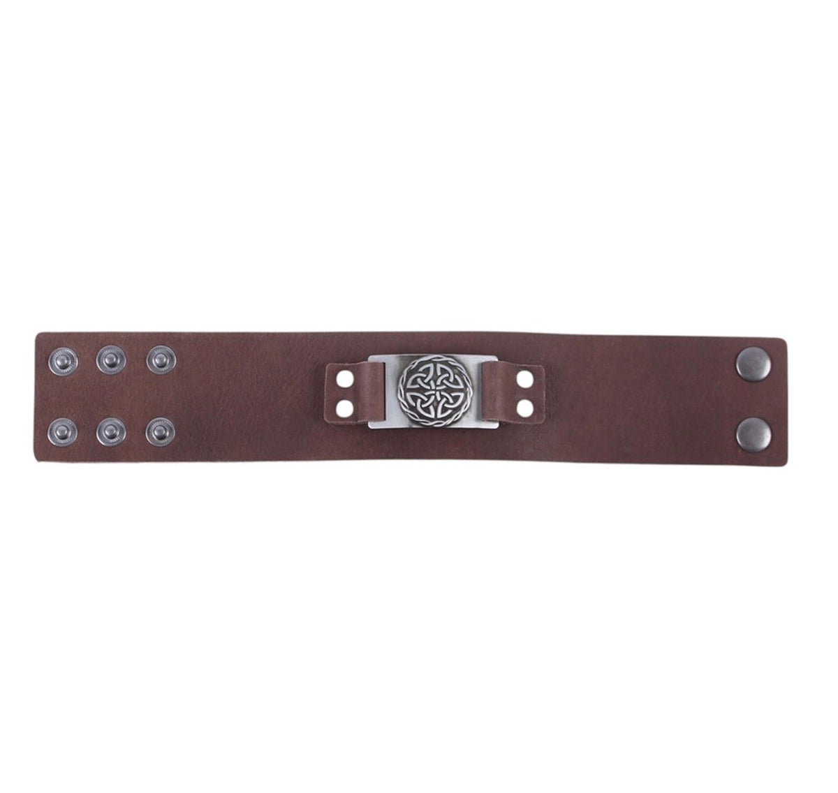 PULSERA DE CUERO MARRÓN CON NUDOS CELTAS Y ESCUDO