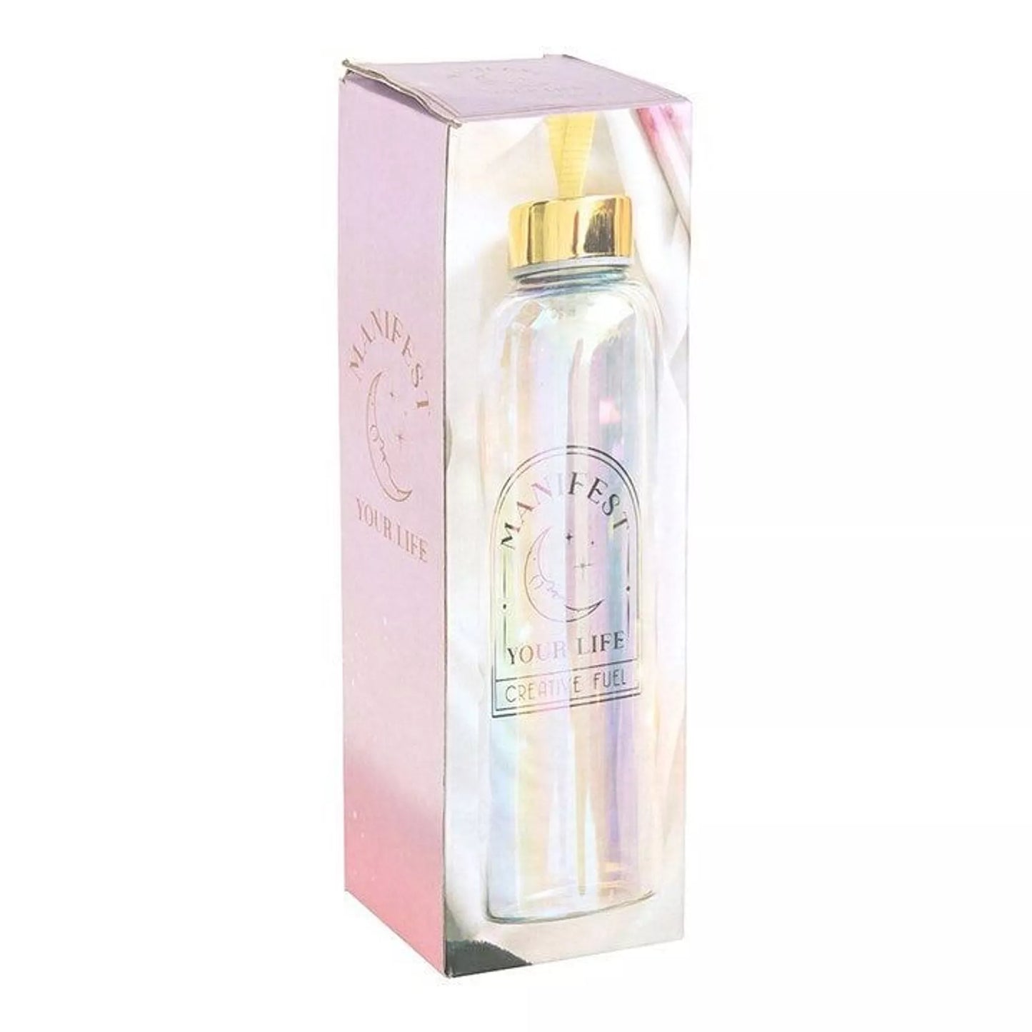Botella de agua de vidrio iridiscente Manifest Your Life