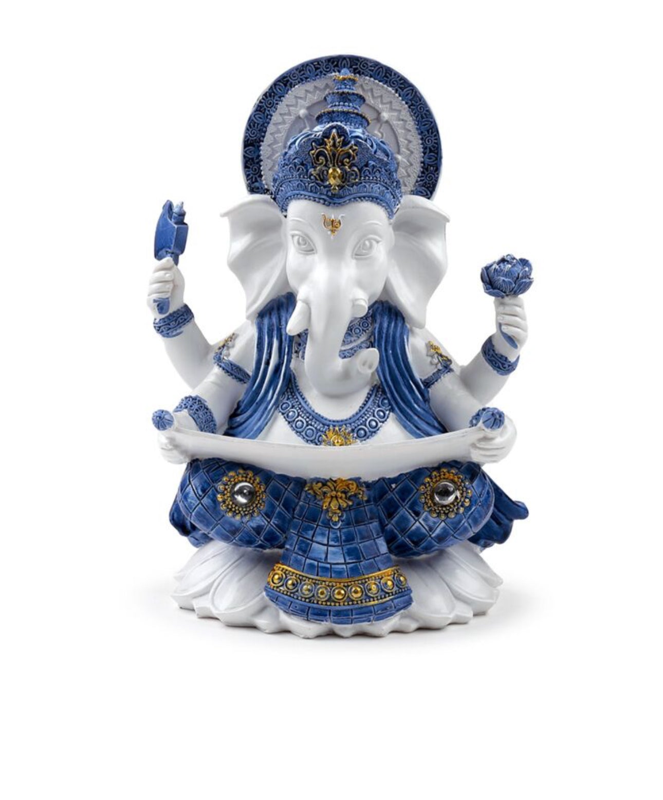 Figura Ganesha Blanca y Azul Postura Meditación