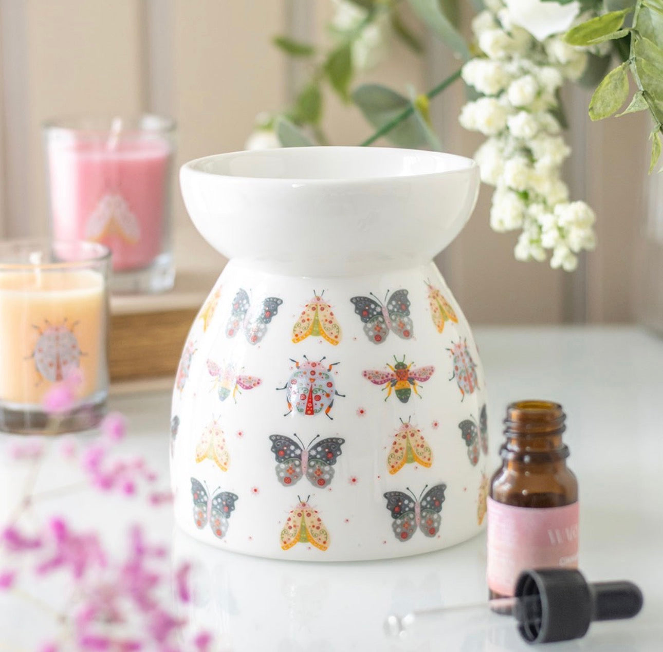 QUEMADOR DE ACEITE Y CALENTADOR DE CERA CON ESTAMPADO FLORAL DE INSECTOS