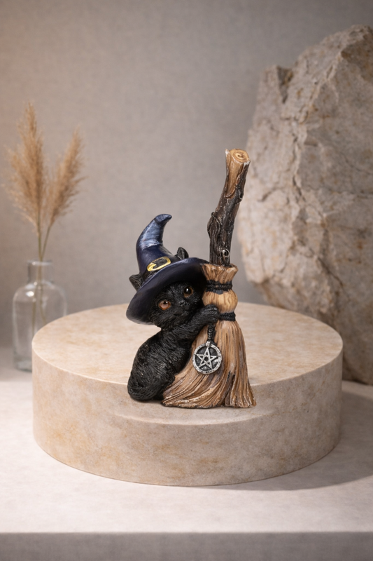Figura Bruja Gato Negro con Escoba