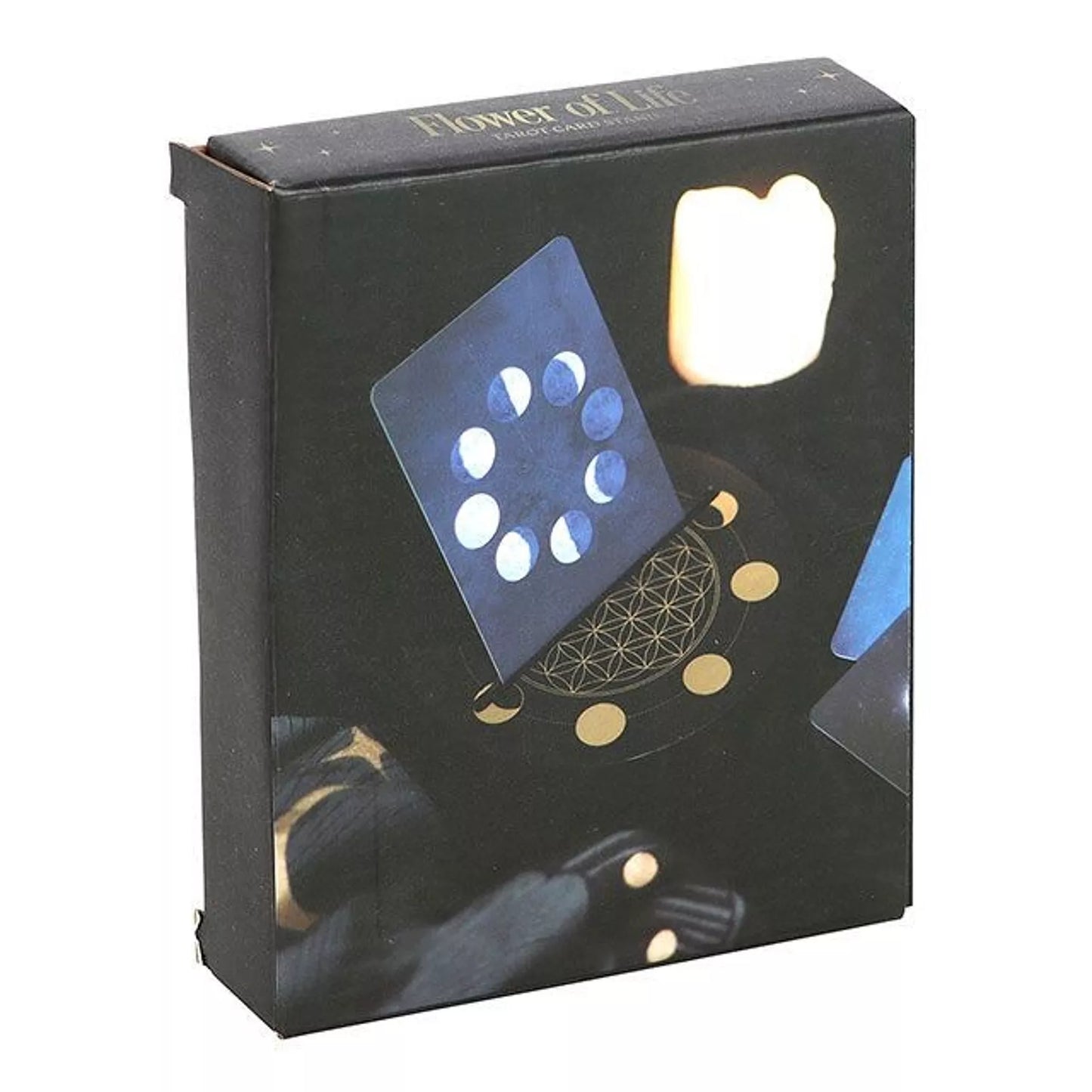 Soporte de cartas del Tarot de la Luna Creciente con la Flor de la Vida Negra