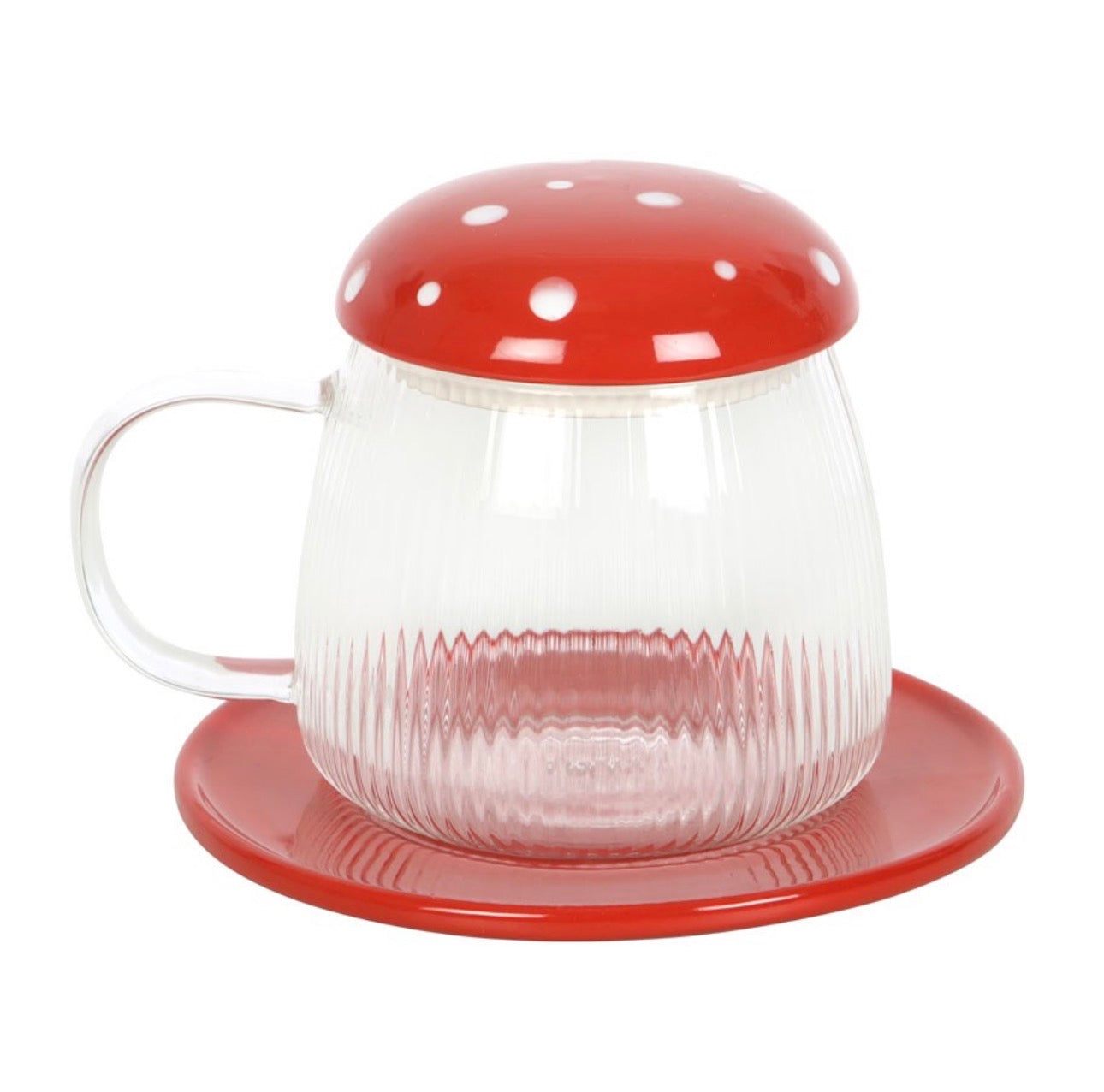 TAZA Y PLATO DE VIDRIO ROJO CON FORMA DE SETA