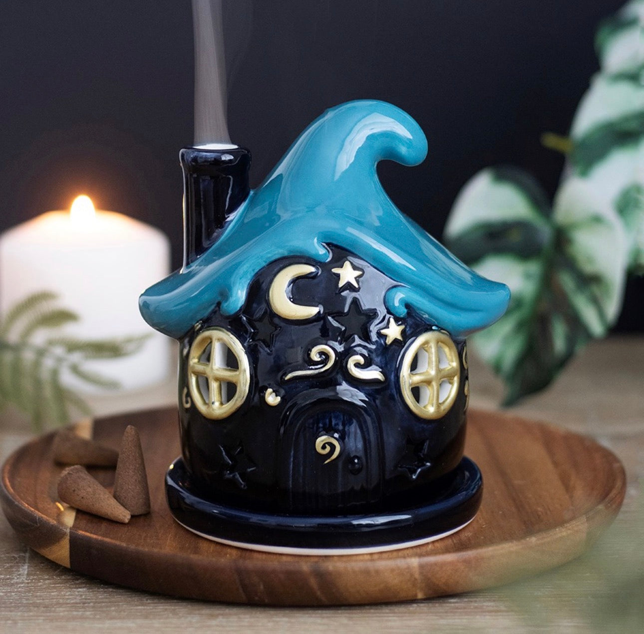 QUEMADOR DE INCIENSO DE CONOS CASA MÁGICA AZUL OSCURO