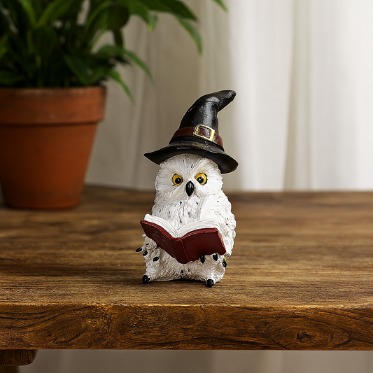 Figura Sabio Búho Mágico Leyendo Libros de Hechizos