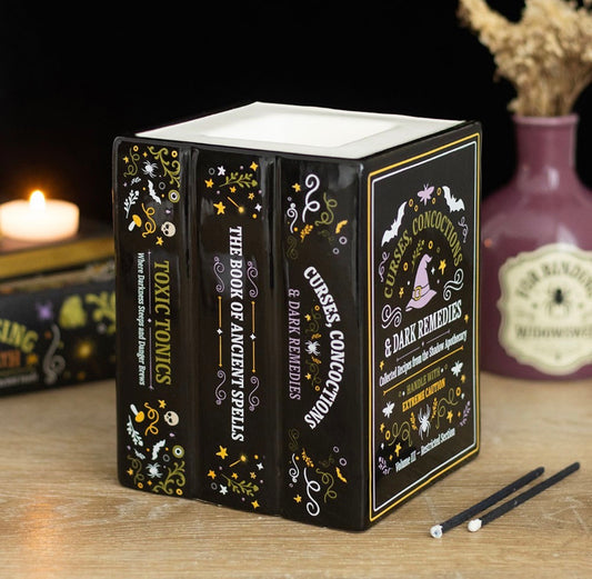 QUEMADOR DE ACEITE Y CALENTADOR DE CERA CON FORMA DE LIBRO DE BOTICARIO DE BRUJA