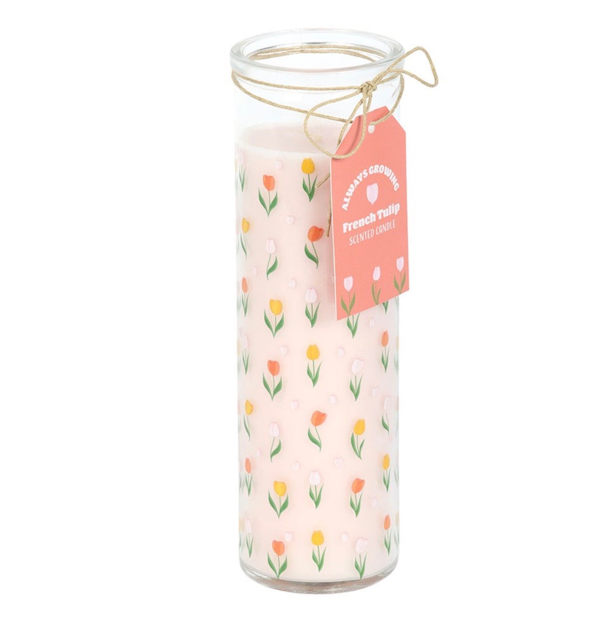 VELA DE TUBO AROMA TULIPÁN FRANCÉS CON ESTAMPADO DE TULIPÁN