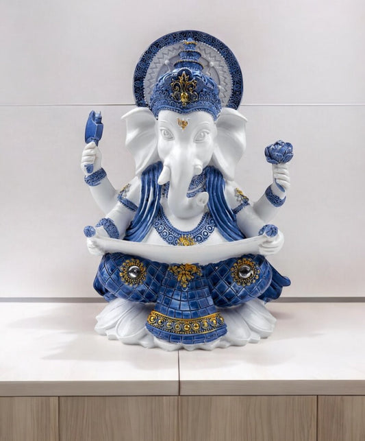 Figura Ganesha Blanca y Azul Postura Meditación