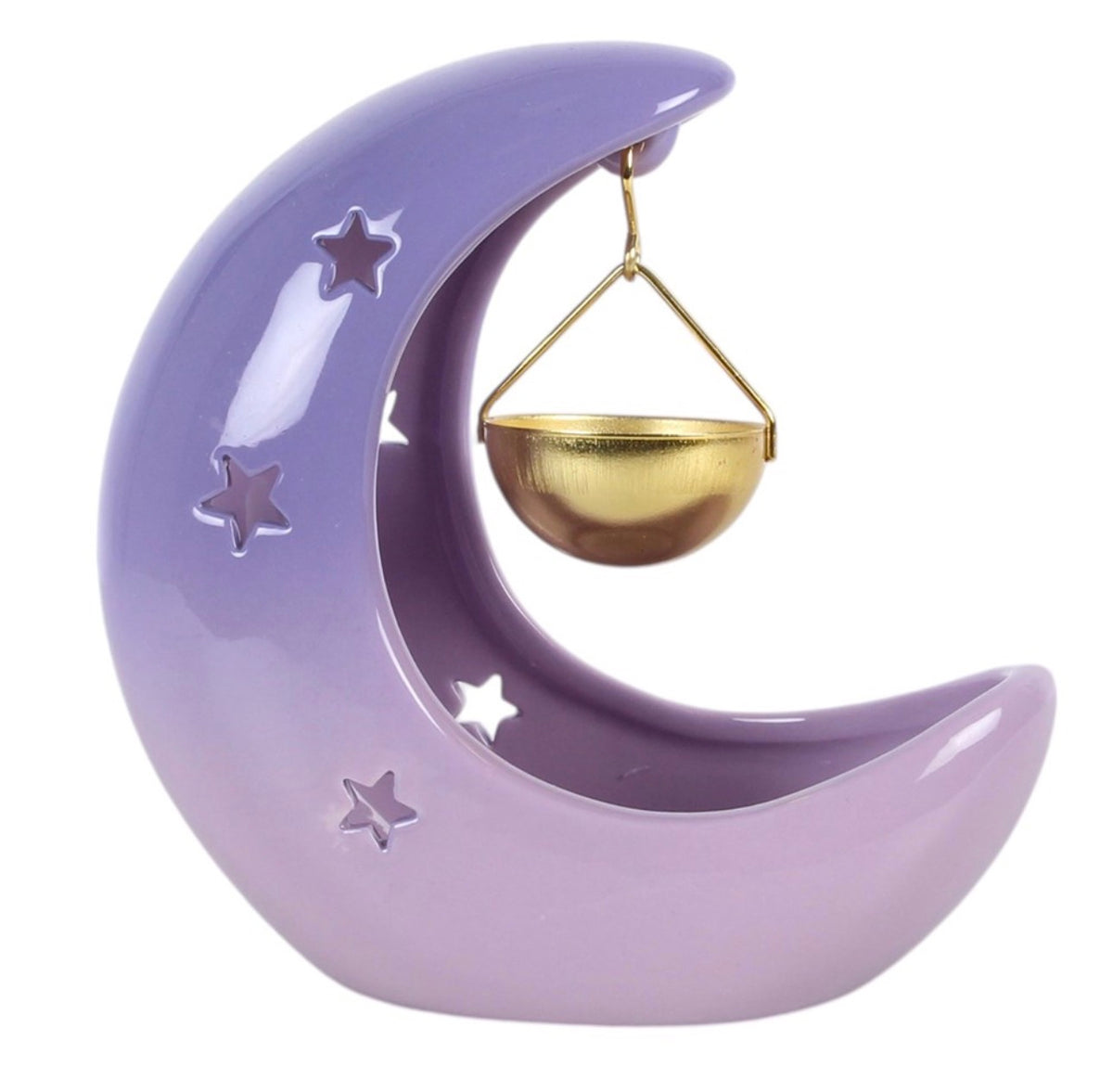 QUEMADOR DE ACEITE COLGANTE CON FORMA DE LUNA CRECIENTE EN COLOR MORADO PASTEL