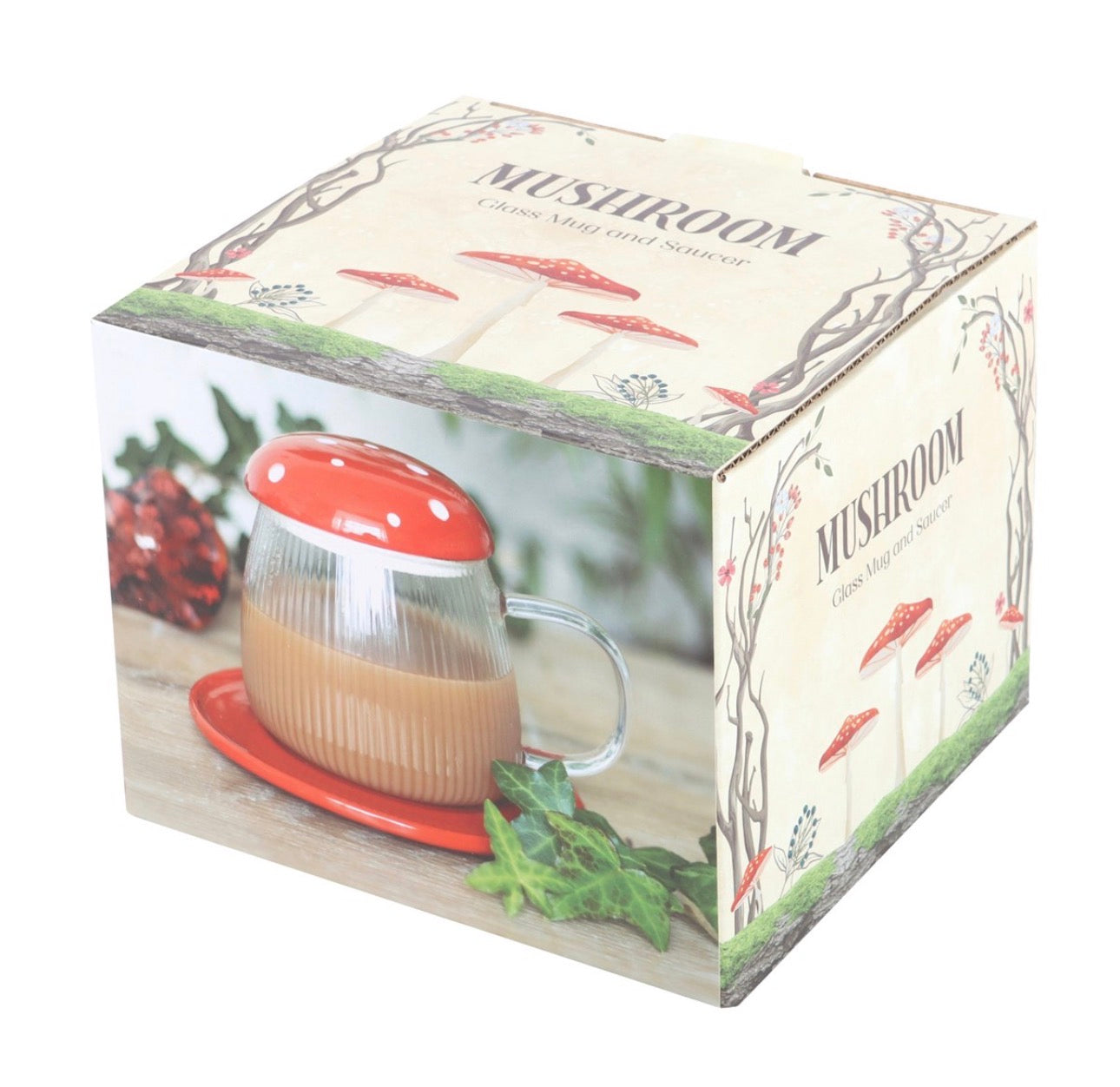 TAZA Y PLATO DE VIDRIO ROJO CON FORMA DE SETA