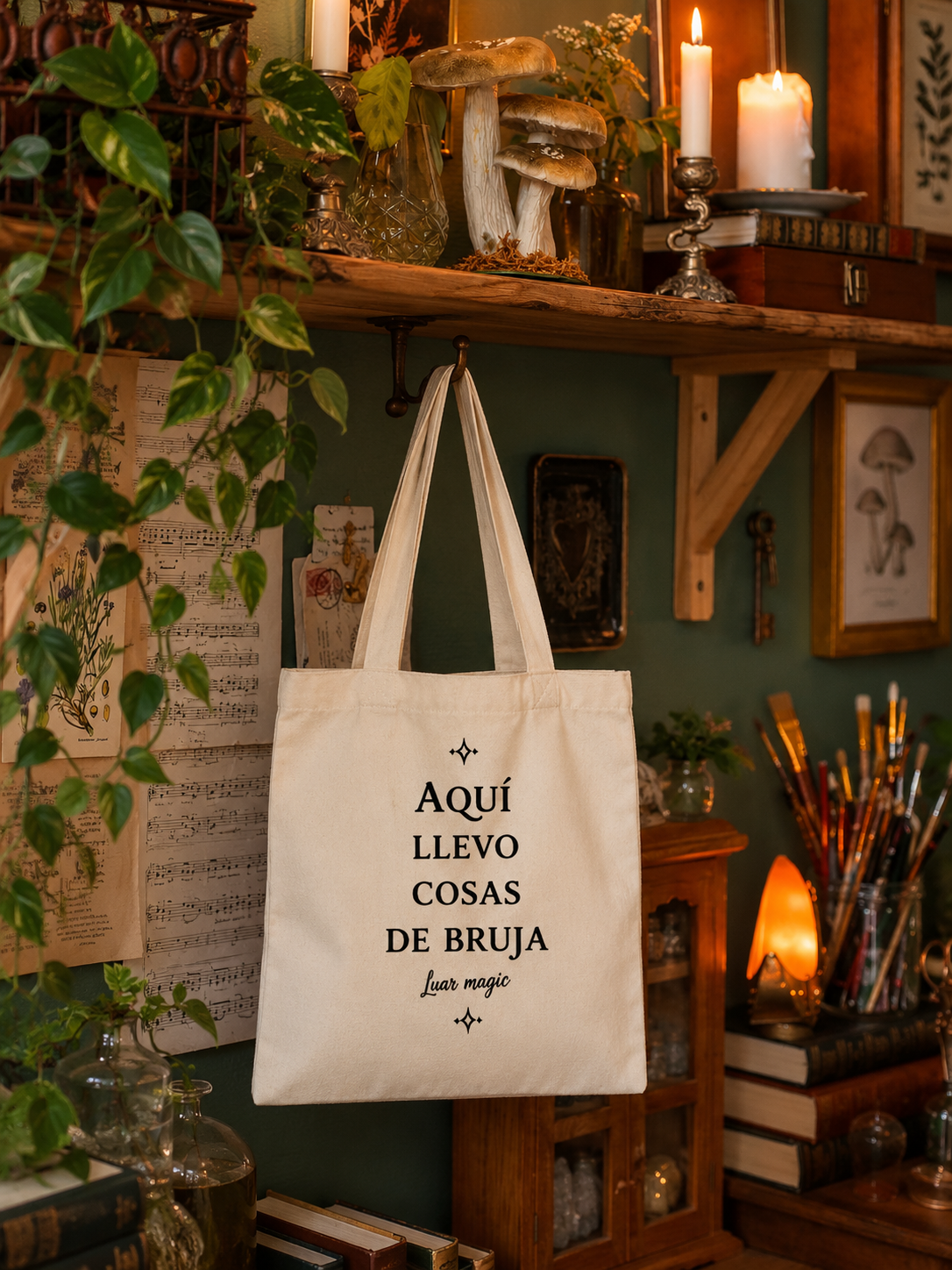 BOLSA DE TELA “AQUÍ LLEVO COSAS DE BRUJA” – LUAR MAGIC