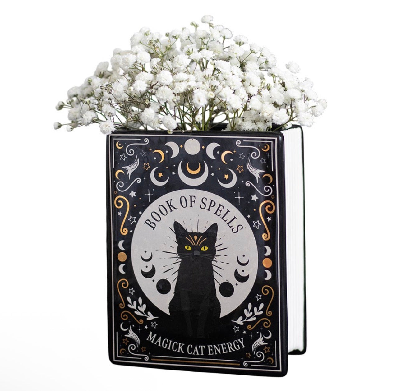 Jarrón de flores con forma de libro de magia de gato negro