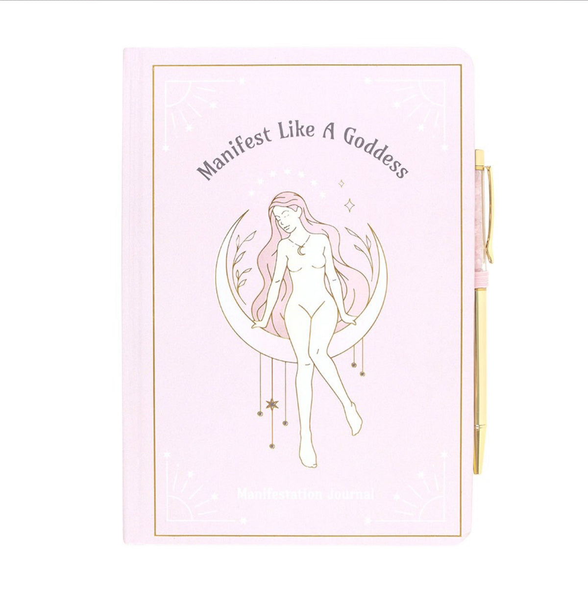 Libreta de manifestación de energía de la diosa tamaño A5 y bolígrafo de cristal de cuarzo rosa