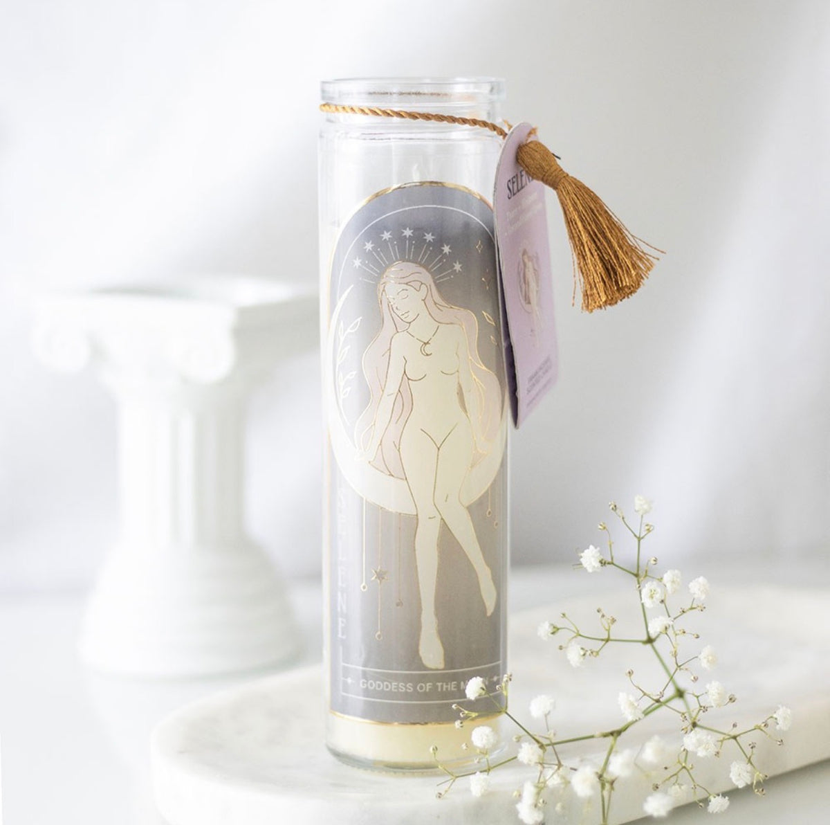 VELA TUBO DIOSA SELENE CON CRISTALES DE AMATISTA