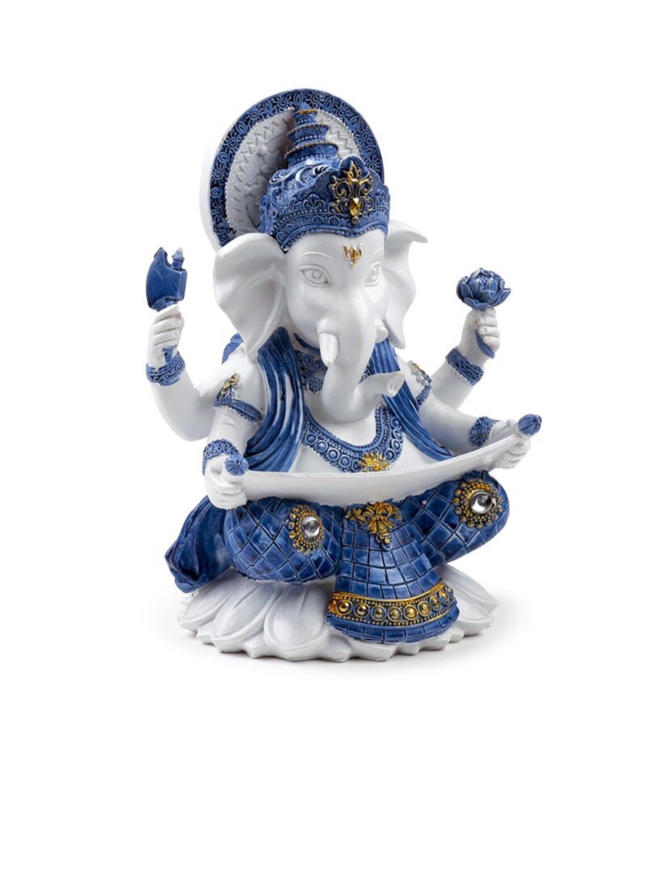 Figura Ganesha Blanca y Azul Postura Meditación