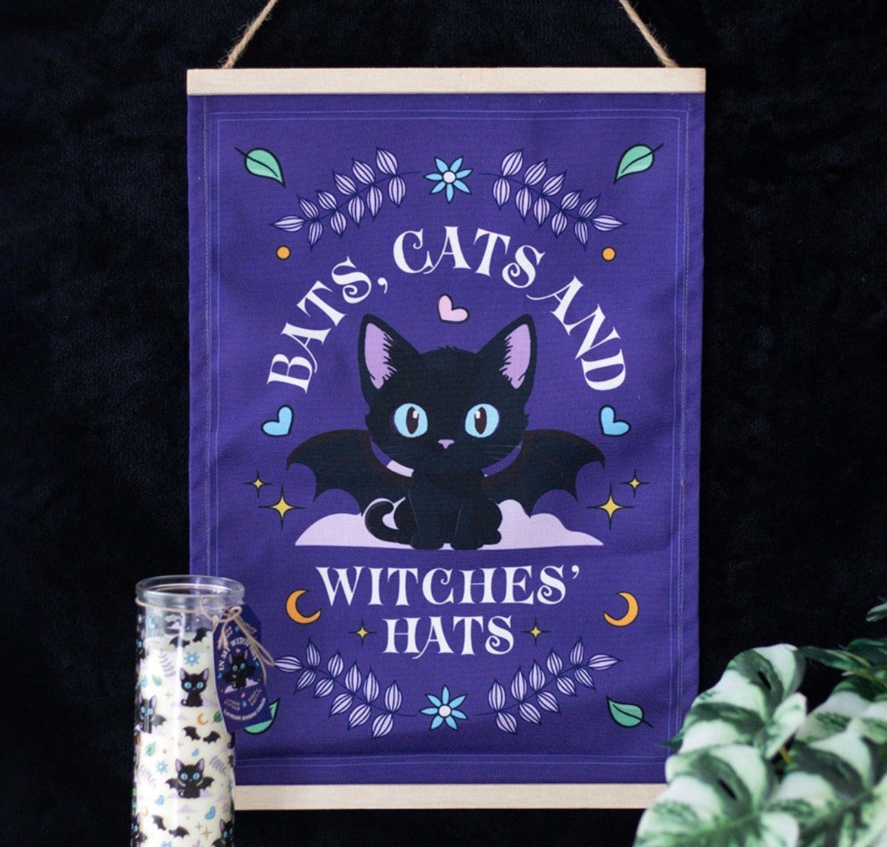 Colgador de pared Murciélagos, gatos y brujas sombreros tela para colgar en la pared