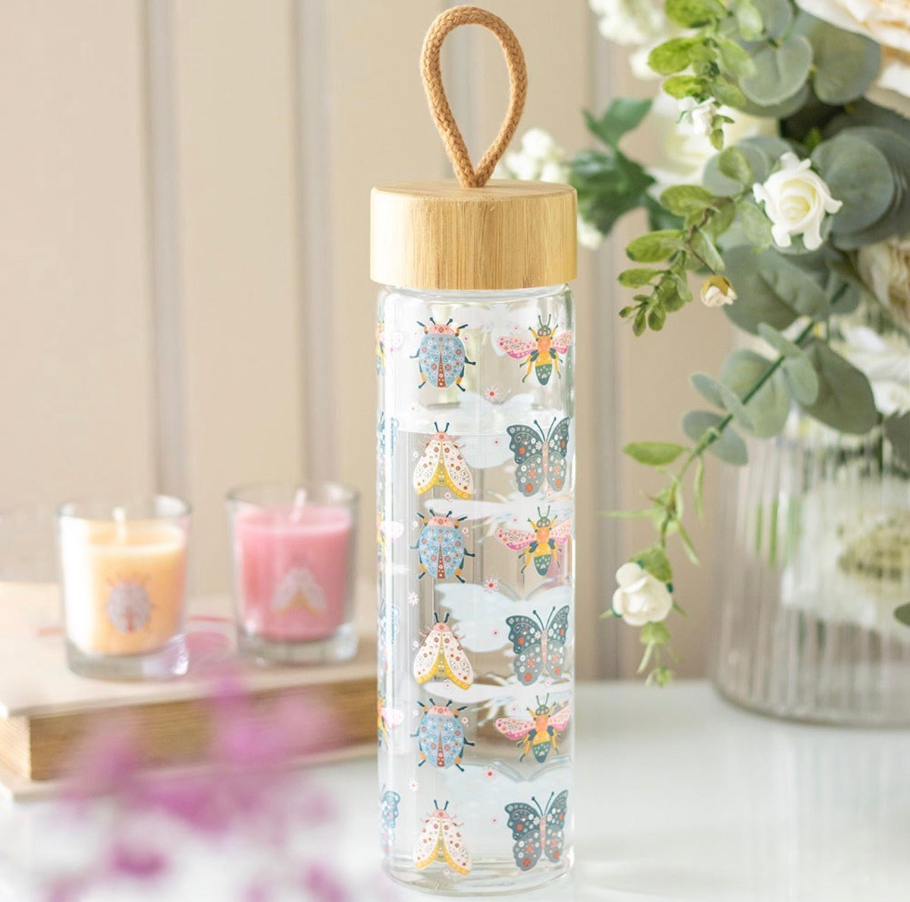BOTELLA DE AGUA DE VIDRIO CON ESTAMPADO FLORAL DE INSECTOS