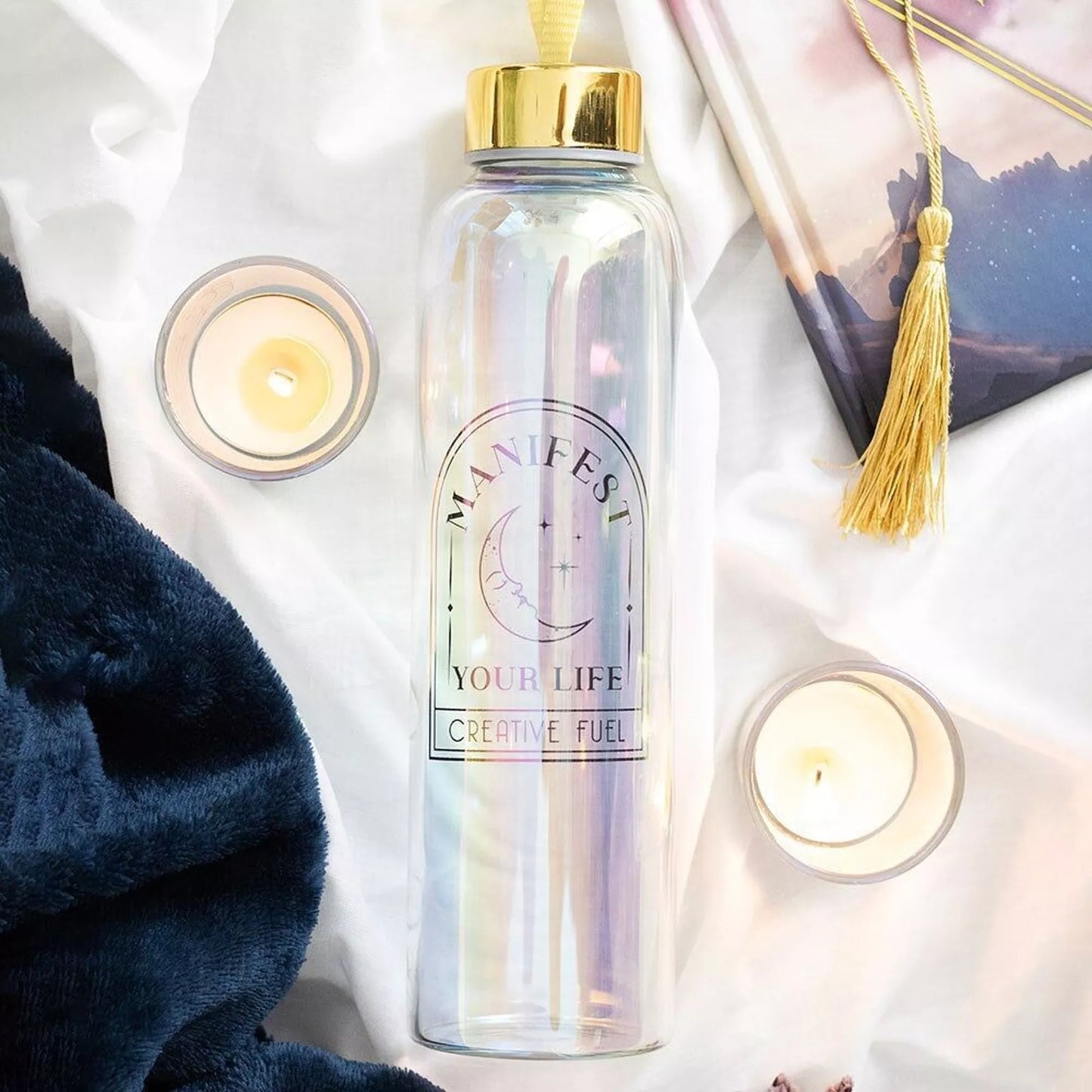 Botella de agua de vidrio iridiscente Manifest Your Life