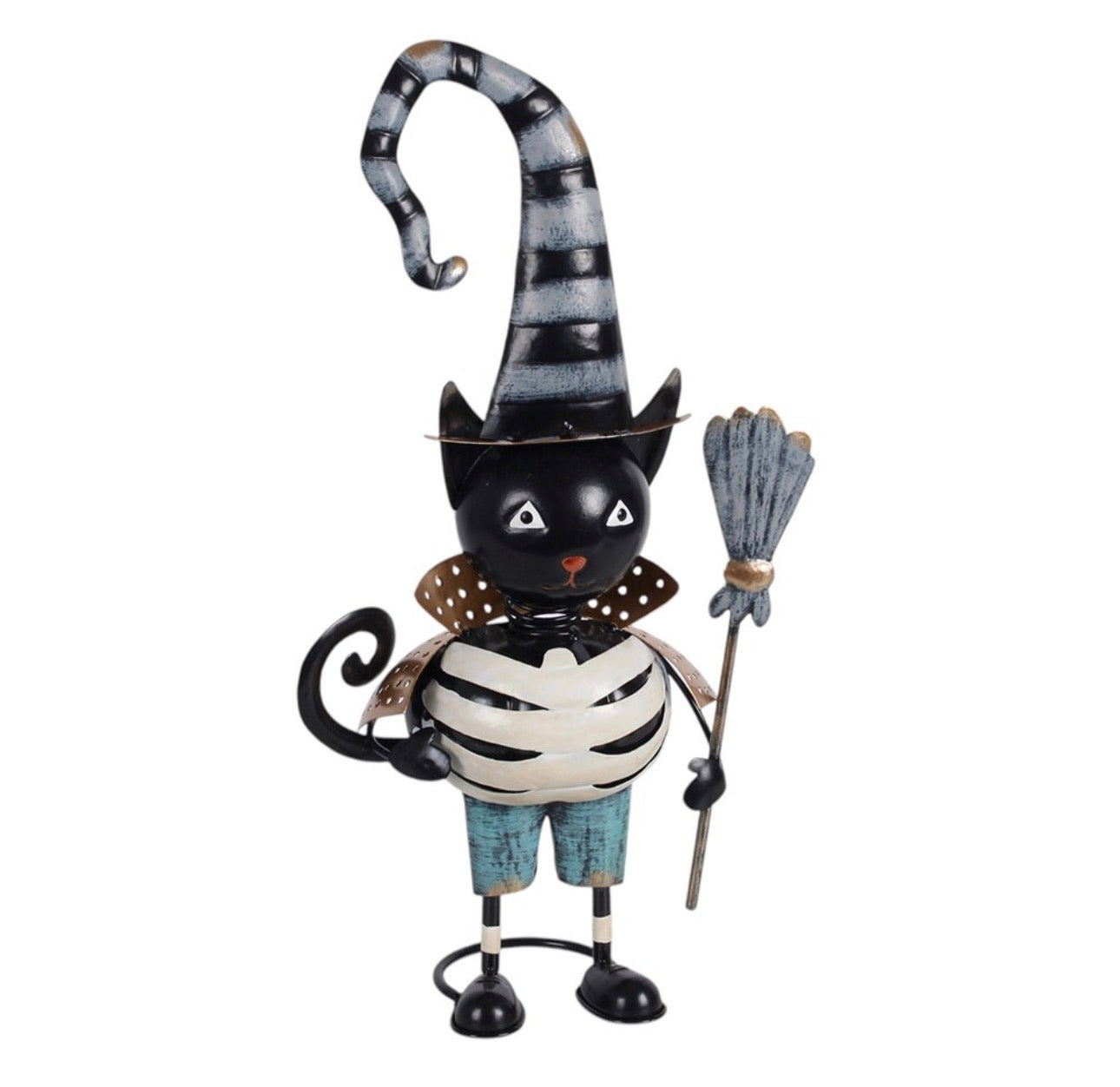 GATO NEGRO DE METAL CON SOMBRERO DE BRUJA 41cm