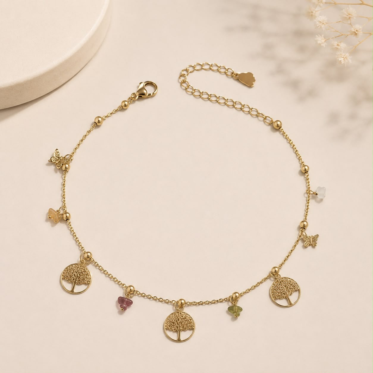 Tobillera Acero Inoxidable Con Dije Arbol De La Vida y minerales