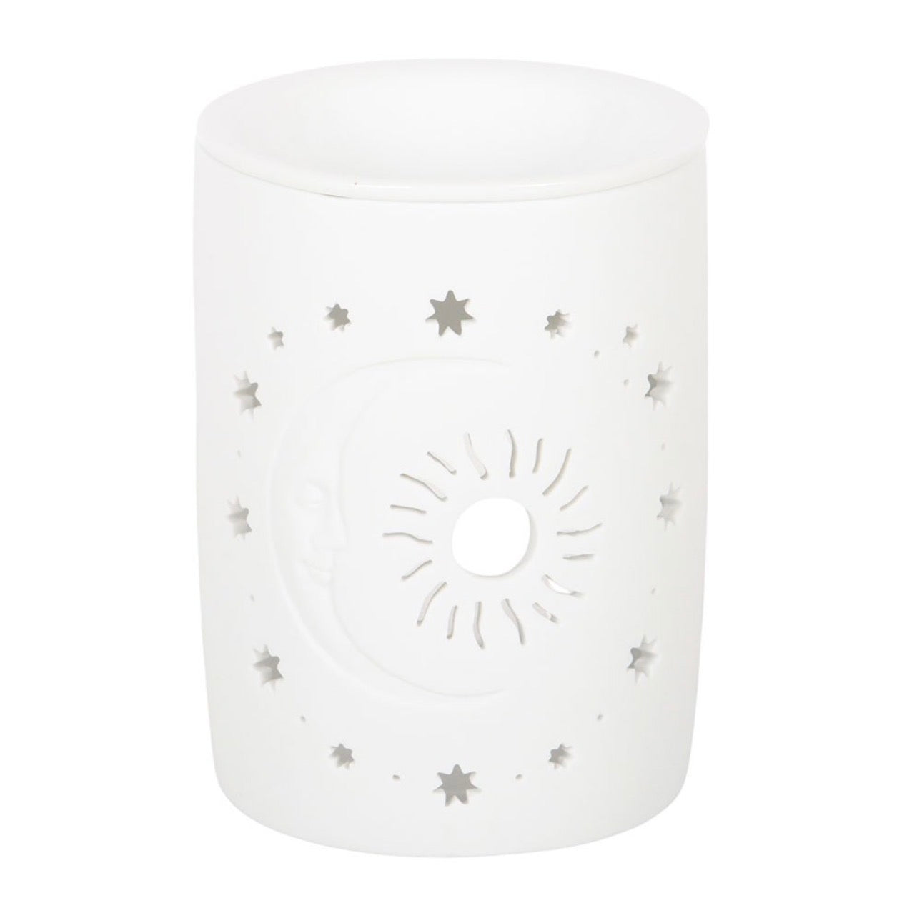 QUEMADOR DE ACEITE Y CALENTADOR DE CERA CON DISEÑO DE SOL Y LUNA BLANCOS