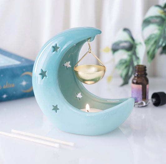 QUEMADOR DE ACEITE COLGANTE CON FORMA DE LUNA CRECIENTE EN AZUL PASTEL