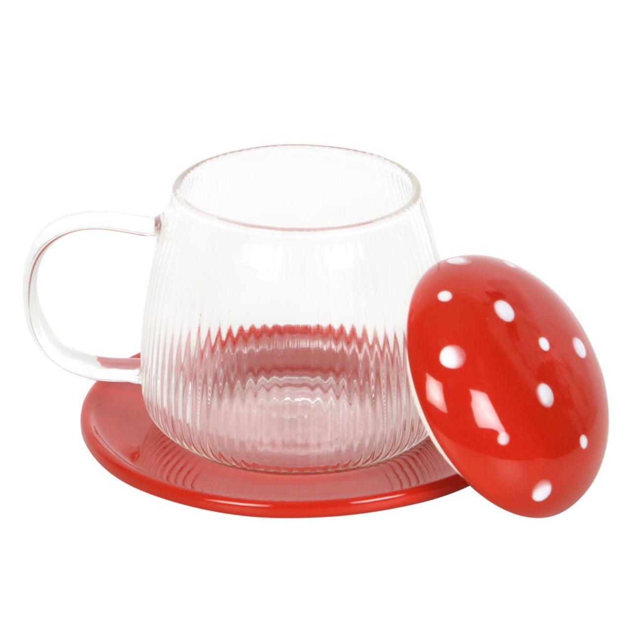 TAZA Y PLATO DE VIDRIO ROJO CON FORMA DE SETA