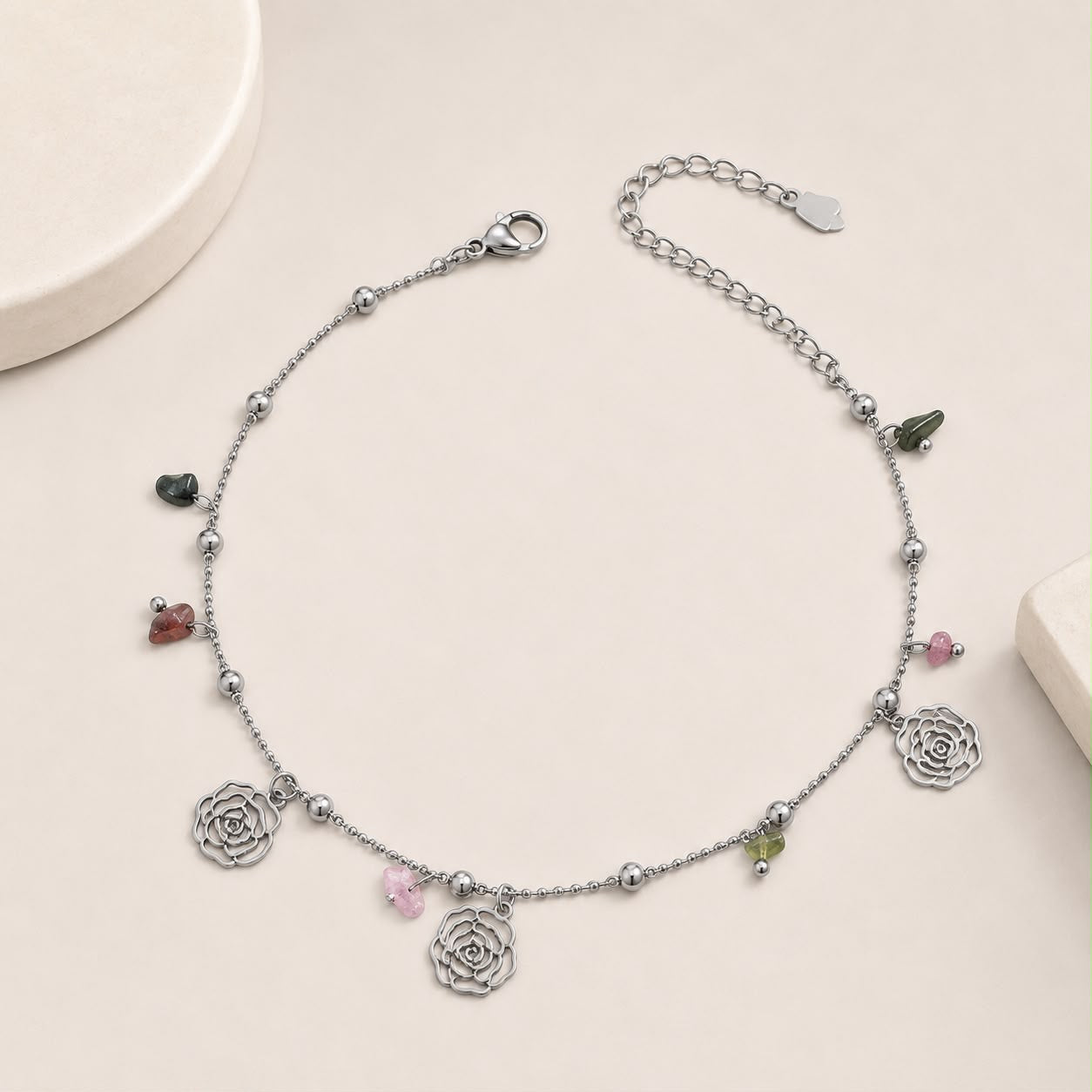 Tobillera de Acero Inoxidable con Dijes de Rosas y Minerales