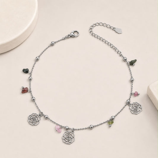 Tobillera de Acero Inoxidable con Dijes de Rosas y Minerales