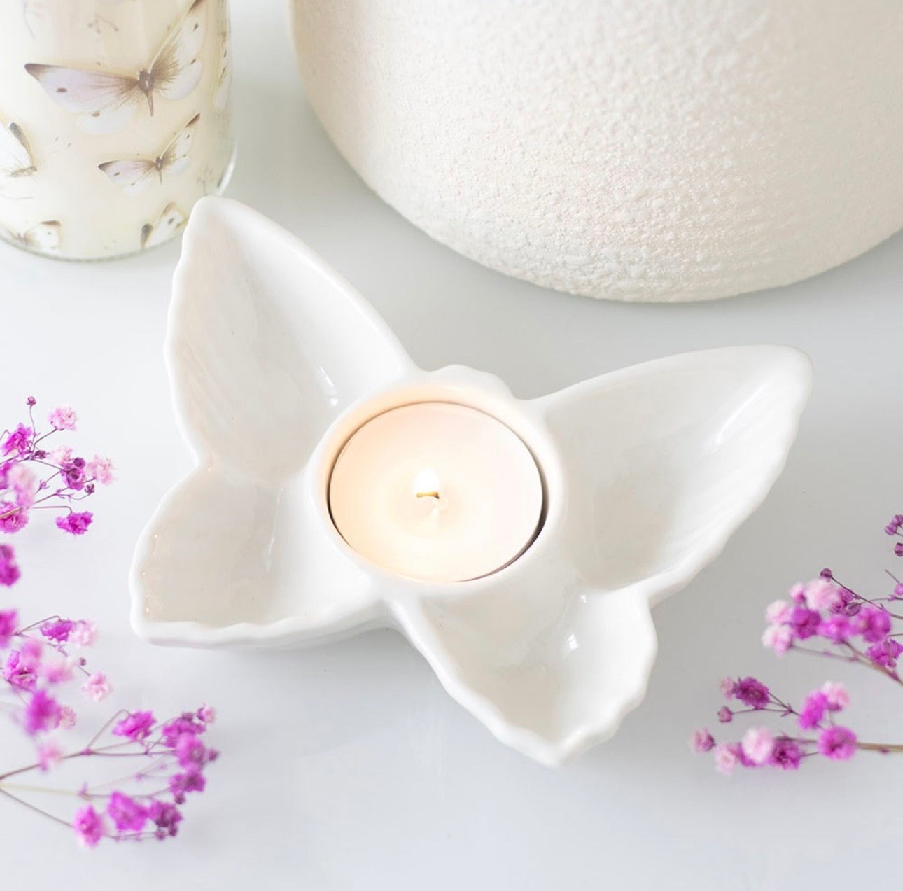 PORTAVELAS DE TÉ CON MARIPOSA BLANCA