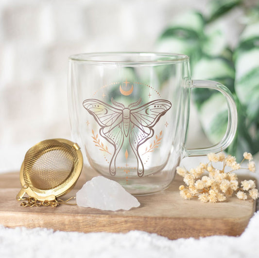 Taza de vidrio de doble pared con infusor de té de cristal Luna Moth