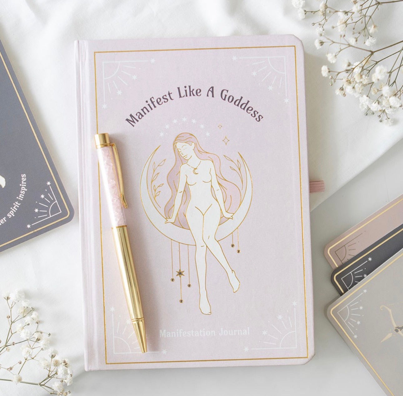 Libreta DE MANIFESTACIÓN GODDESS ENERGY A5 Y BOLÍGRAFO DE CRISTAL DE CUARZO ROSA
