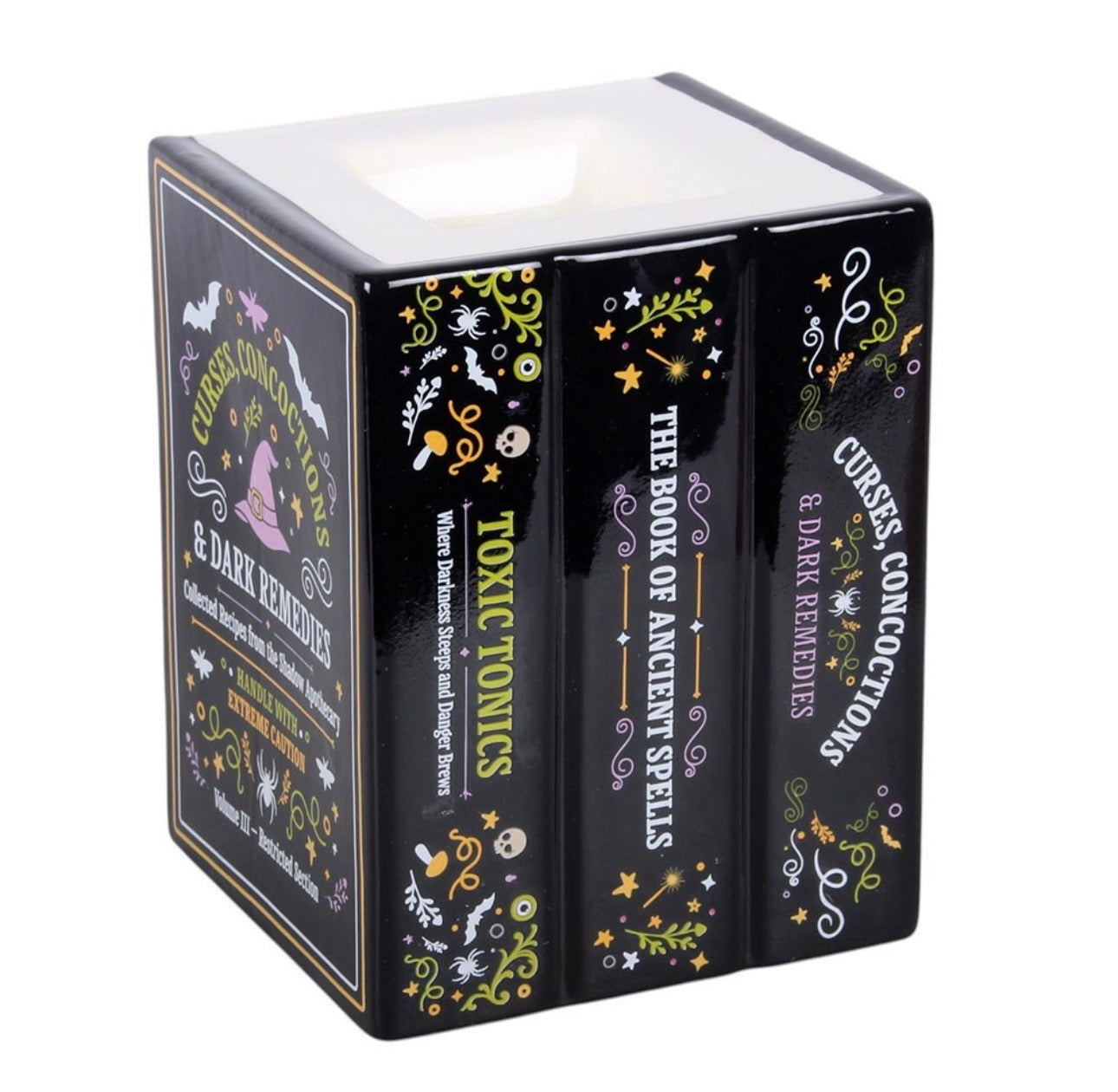 QUEMADOR DE ACEITE Y CALENTADOR DE CERA CON FORMA DE LIBRO DE BOTICARIO DE BRUJA