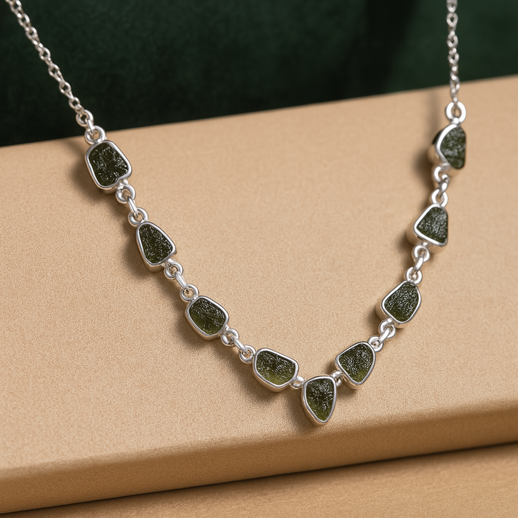 Collar de Moldavita plata de ley (certificado de autenticidad)