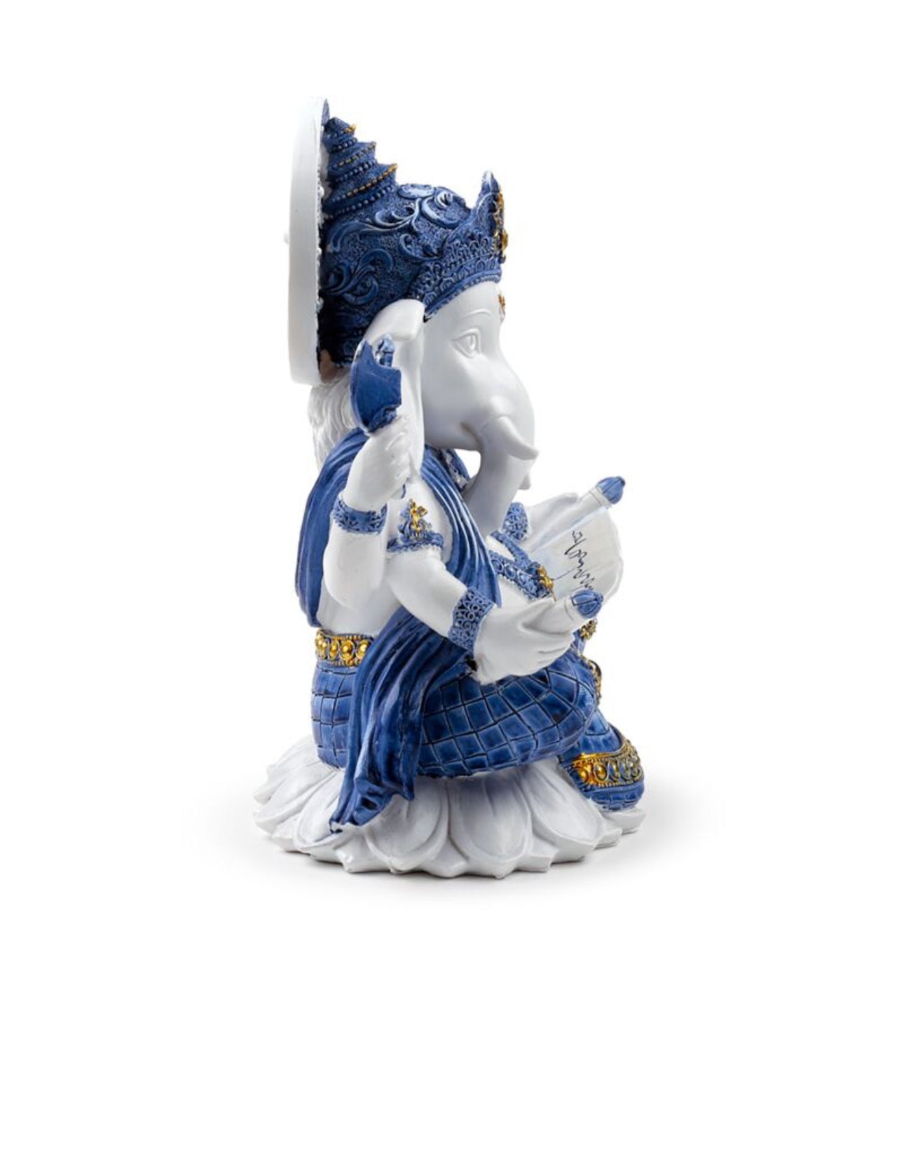 Figura Ganesha Blanca y Azul Postura Meditación