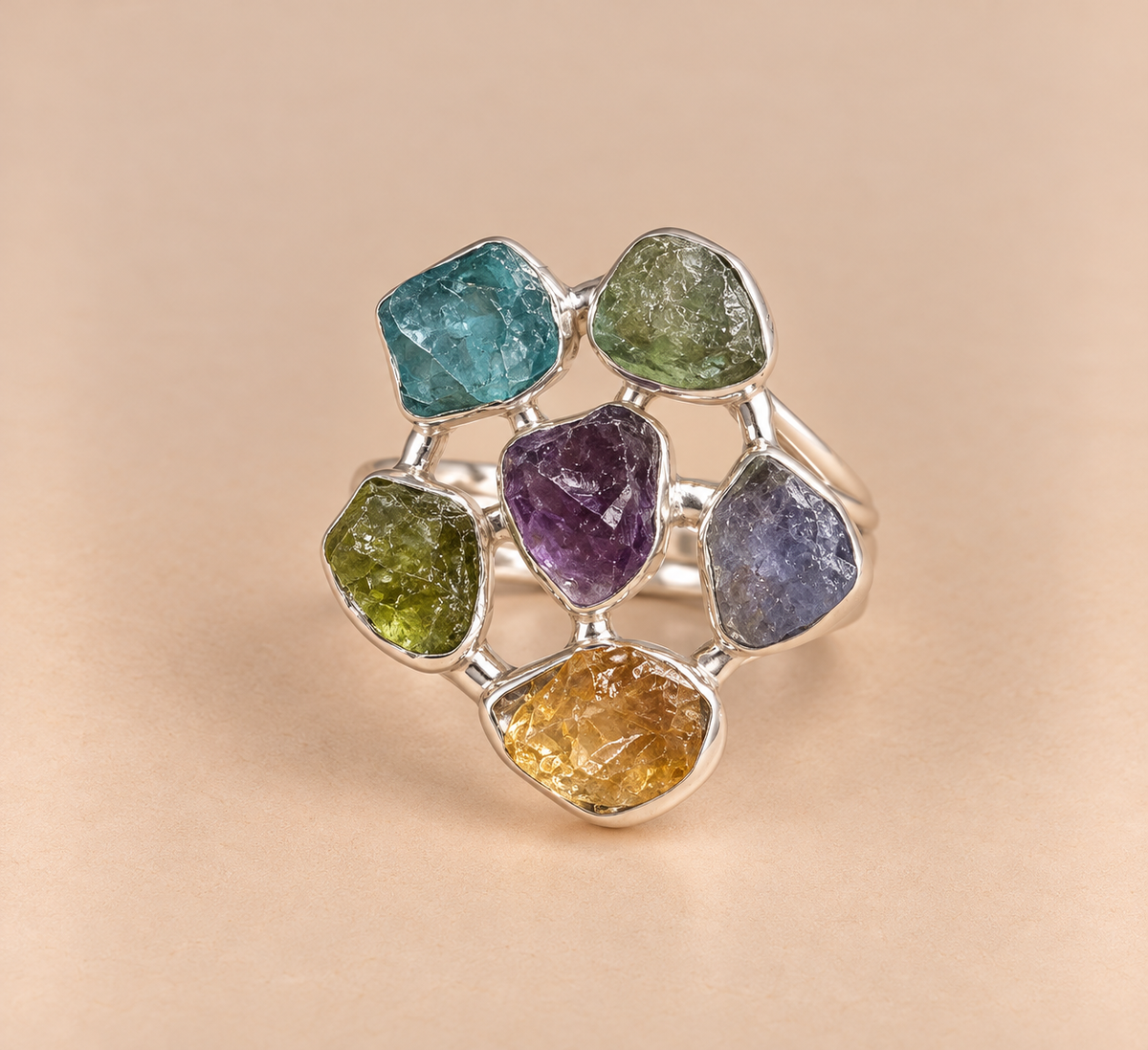 Anillo Artesanal de Plata de Ley 925 con Seis Minerales Naturales Armonía de los Elementos