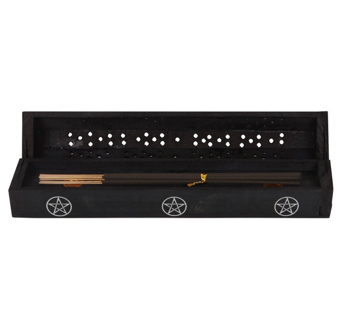 SET DE CAJA DE INCIENSO DE MADERA CON FORMA DE PENTAGRAMA Y PIMIENTA NEGRA