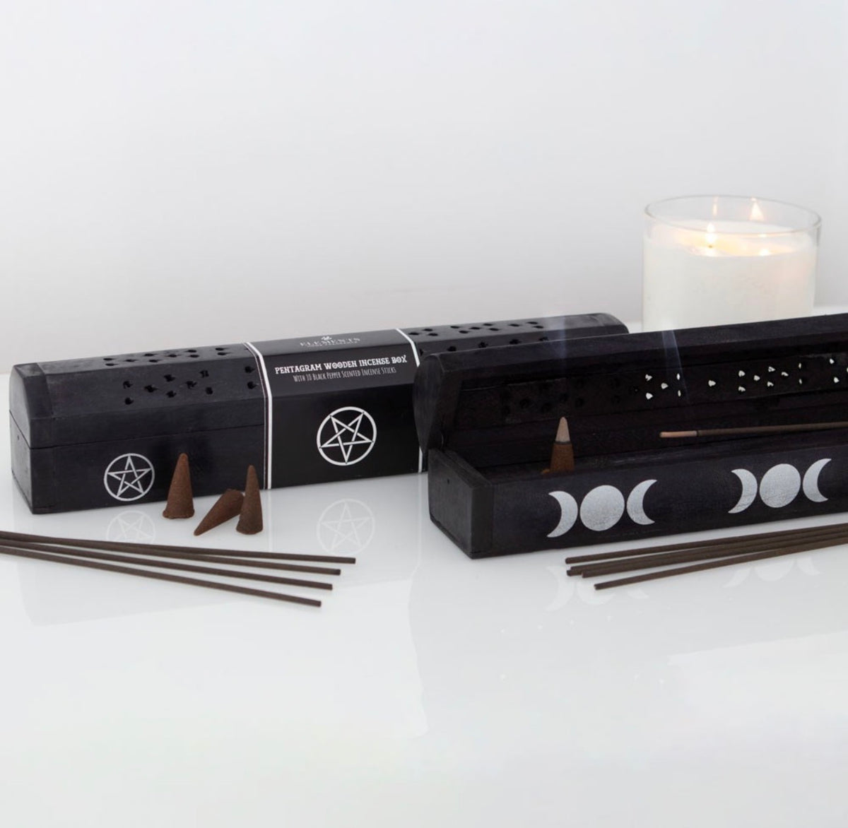 SET DE CAJA DE INCIENSO DE MADERA CON FORMA DE PENTAGRAMA Y PIMIENTA NEGRA