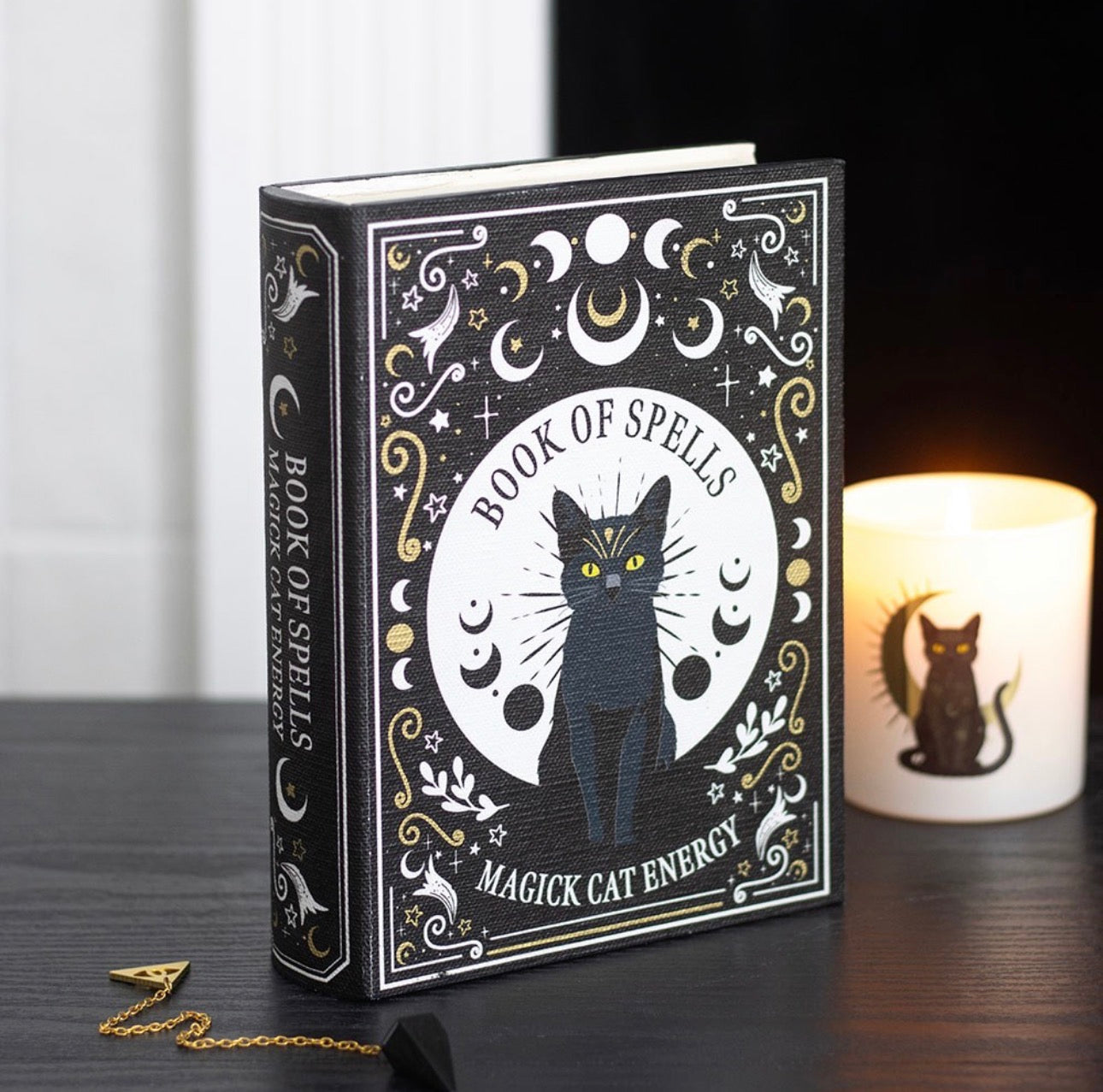 CAJA DE ALMACENAMIENTO CON FORMA DE LIBRO DE HECHIZOS DE GATO NEGRO