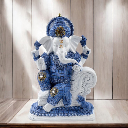 Figura Ganesh Blanca y Azul Postura Meditación