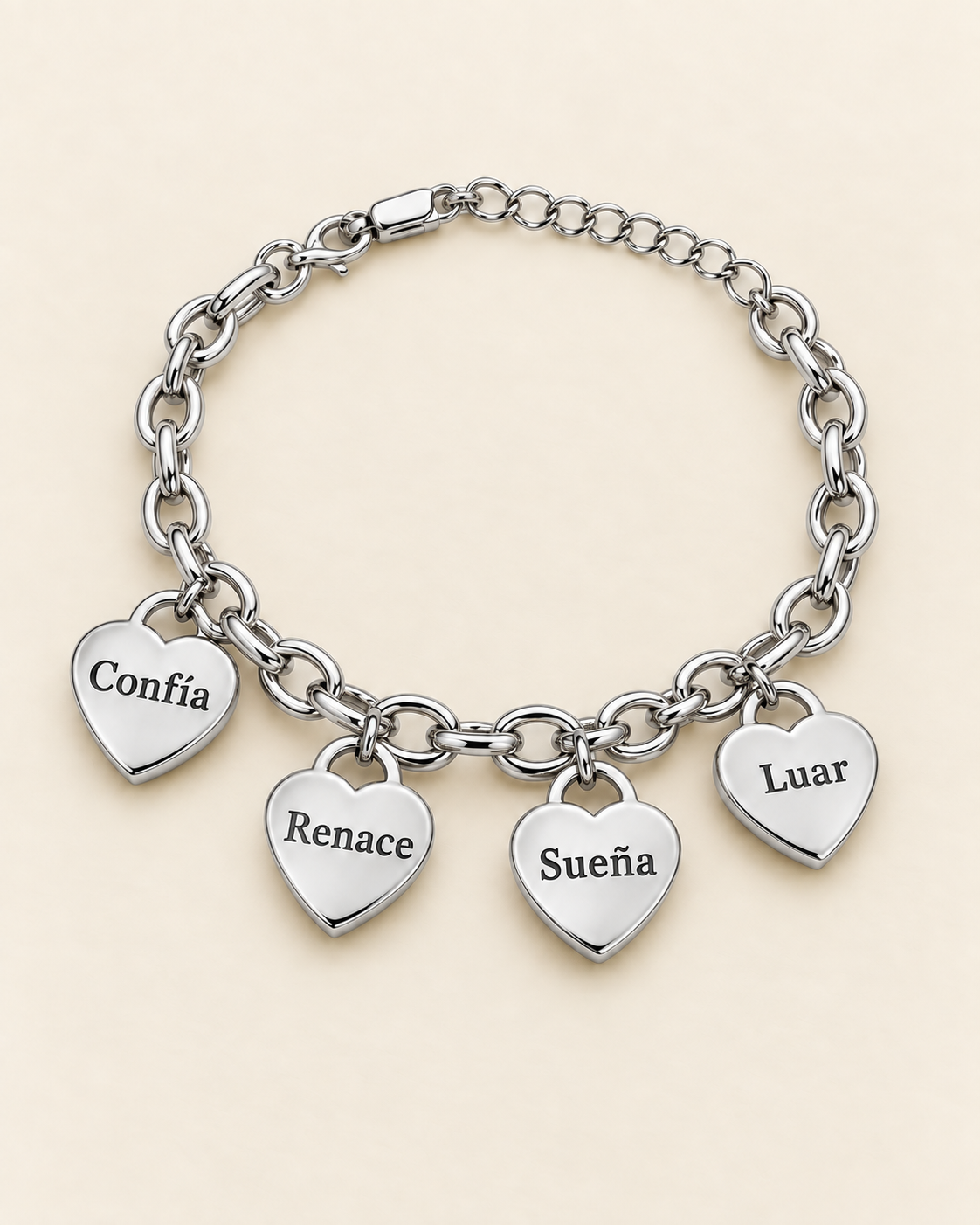 Pulsera de corazones “Confía · Renace · Sueña · Luar” plateada