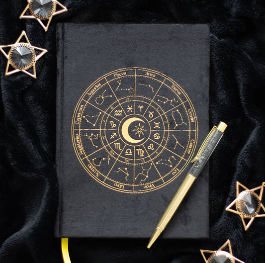 Libreta de rueda de astrología con bolígrafo de obsidiana negra