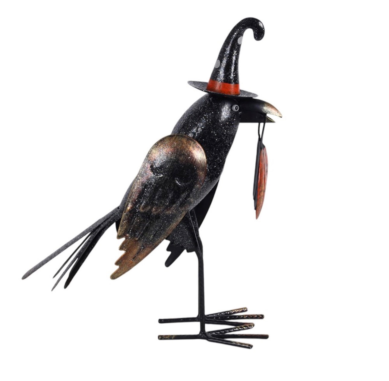 CUERVO DE METAL CON BRILLO METÁLICO Y CALABAZA 28 cm